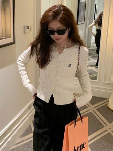 Sonicelife Women Vintage Cardigan Sweater Long Sleeve New Textured Knitwear Tops Slim Coat Korean Autumn Winter Women's Clothes 2024