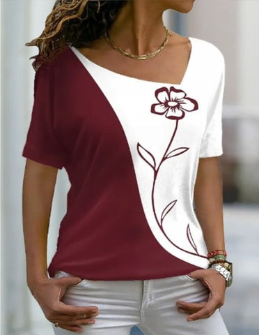 Sonicelife  Women Floral Theme Print T-Shirt 2024 Summer Fashion Casual V Neck Short Sleeve Basic Tops Female Loose 3D Print Pullover Tees