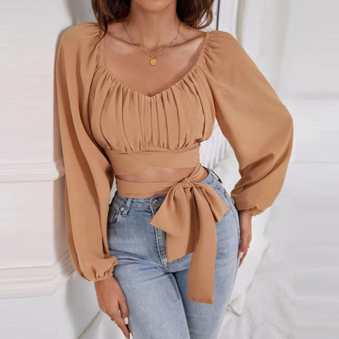 Back to school outfit Sonicelife  2023  Pleated Long Sleeve Bandage Hollow Out Tops Women Elegant Solid Color Blusas Temperament Square Collar Blouses Shirts