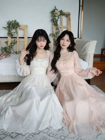 Sonicelife   Summer Pink Chiffon Vintage Fairy Dress Women Korean Style Elegant Party Midi Dress Female Court Retro Flare Sleeve Dresses