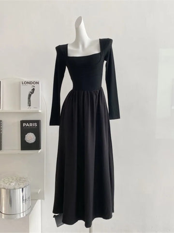 Sonicelife   -  Women Fake Two Piece Dress Solid Color Long Sleeves Square Collar Midi Dress Spring Autumn Elegant French Style Slim Waist Dress