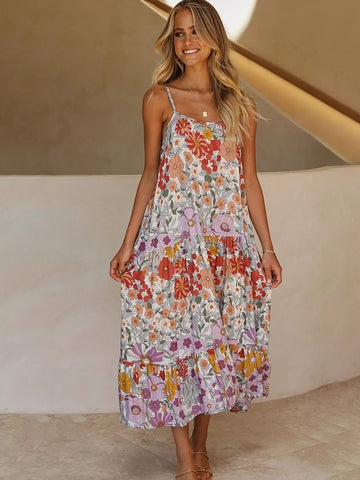 Sonicelife Spaghetti Strap Floral Dress Women Side Slit Design Pleated Loose Long Dresses 2024 New Bohemian Elegant Dresses Femme