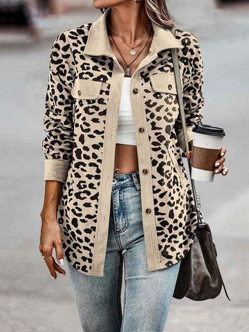 Sonicelife 2024 Autumn New Fall Outfits Leopard Jacket Women Vintage Corduroy Jacket Coat Female Overshirt Long Sleeve Winter Fashion Loose Shirt Jackets