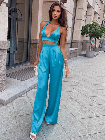 Sonicelife  Silky Satin Camis Crop Top and Pants 2 Piece Set for Women Matching Sets Outfits  High Waist Pants Streetwear