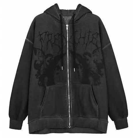 Sonicelife  Gothic Streetwear Angel Print  Oversize Zipper Hoodies Women Harajuku Punk Y2K Long Sleeve Sweatshirt  Mall Goth Tops