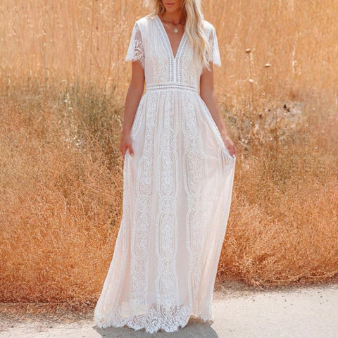 2023 Summer Boho Women Maxi Dress Loose Embroidery White Lace long Tunic Beach Dress Vacation Holiday Women Clothing