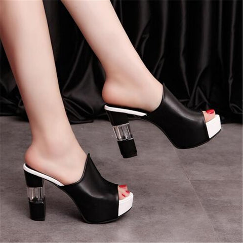 Sonicelife  Ladies Leather Sole Slippers Women  High Heel Mules  Black Peep Toe Platform Mules   Sandals Shoes
