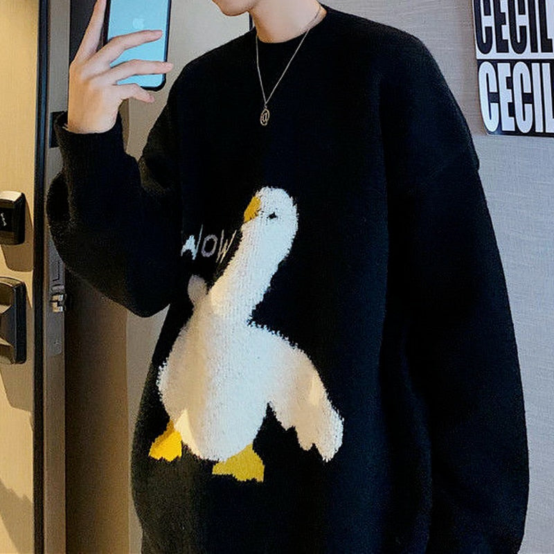 Sonicelife  Korean Style Kawaii Cartoon Goose Print Knitted Sweater Women Harajuku Oversize Crewneck Long Sleeve Jumper Pullover