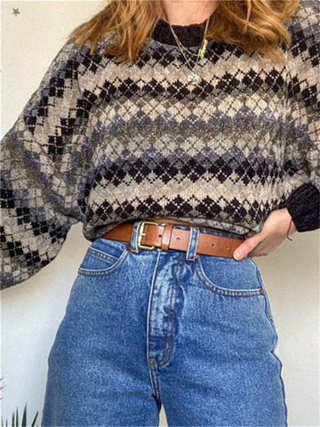 Sonicelife Vintage Sweaters Women Oversized Thicken Knitwear Unisex Couples Winter Pullovers Femme Woolen Sweater Striped Tops Preppy Style