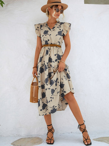 Sonicelife   Summer Elegant Fashion Floral Print Dress Women Dress New High Waist V Neck Irregular Ruffle Sleeve Hem A-line Midi Dress