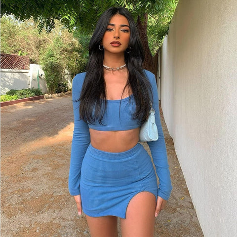 Sonicelife 2024 Spring Autumn Women Solid Slim Dress Sets Casual Fashion Women's Suit with Long Sleeve Pullover Crop Top & Split Skirt