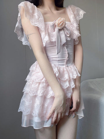 Sonicelife hoco dresses Kawaii Aesthetic Soft Girl Style Baby Pink Off Shoulder Lace Mini Dress