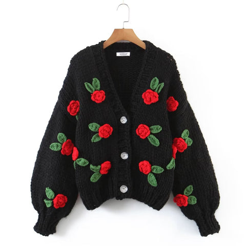 Sonicelife 2024 Women's Cardigans Multicolor Floral Knitted Decoration Long Sleeve Loose Coats Warm Sweaters 3 Colors