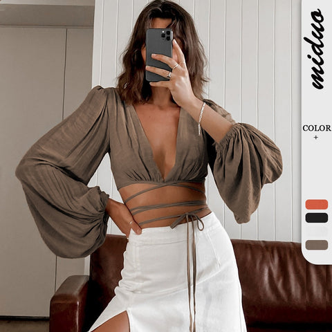 Graduation Dress Sonicelife New Women's Bandage Solid Cardigan T-shirt Super-short Top Fashion Long Sleeve Sunscreen Navel Long Lantern Sleeve Crop Top