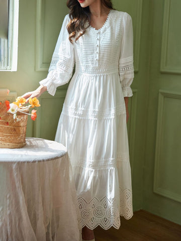 Sonicelife-Lace Elegant Women's Dress Spring Hollow Button V Neck Lantern Sleeve White Long Dresses Boho Casual Holiday Vestidos