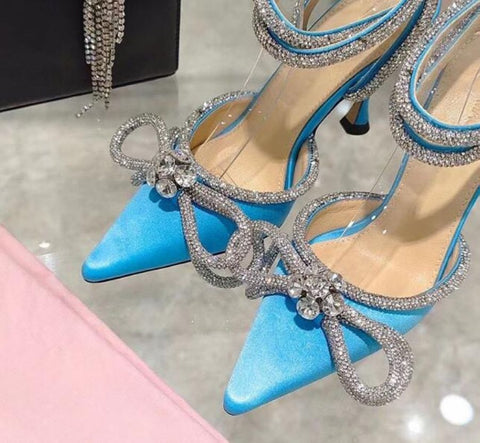 Sonicelife  2023 Hot Glitter Rhinestones Women Pumps Crystal bowknot Satin Summer Lady Shoes Genuine leather High heels Party Prom Shoes