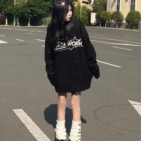 Sonicelife Gothic Oversized Hoodies Women Harajuku Hip Hop Black Graphic Sweatshirts Loose Casual Crewneck Tops Streetwear Grunge