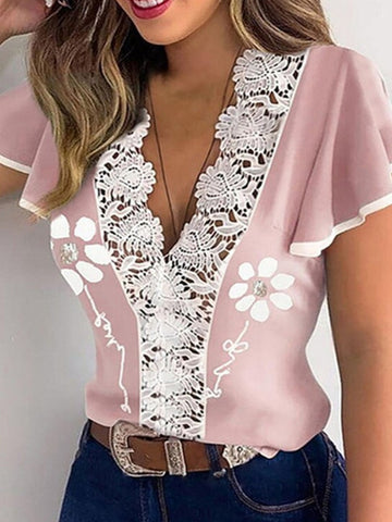 Sonicelife  Summer Harajuku  Women Lace Blouses Shirt Casual Commute Short Sleeve Floral Print Tops Chic Hollow V-Neck Slim Blusas Mujer