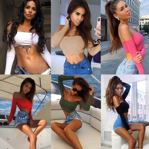 Graduation Dress Sonicelife Slash Neck Crop Top Women Summer Casual T Shirt Basic Sexy Streetwear Long Sleeve Tops Autumn Solid Bodycon Fashion Tops 2024