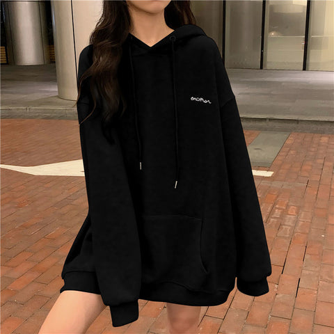 Sonicelife Korean Fashion Black Oversize Hoodie Women Harajuku Thin Basic Solid Sweatshirts Long Sleeve Top Grey Pullover Clothing