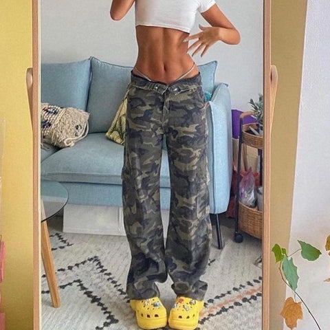 Sonicelife Camo Long Low Rise Cargo Pants Jeans Wide Legs Army Green Pockets Y2K Camouflage Trousers Casual Fall Winter Fashion For Women