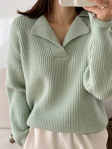 Sonicelife 2023 Autumn New Fall Outfits Women Knitted Ribbed Loose Cashmere Sweater V-Neck Long-Sleeved Pullovers Solid Sweater Female Jumpers