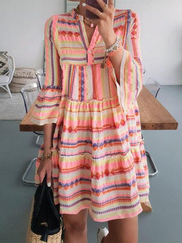 Sonicelife hoco dresses  Elegant Button V-Neck Flare Sleeve Mini Dress Summer  Party Beach Dress Women Fashion Colorful Print Stripe Dress Cover-Ups