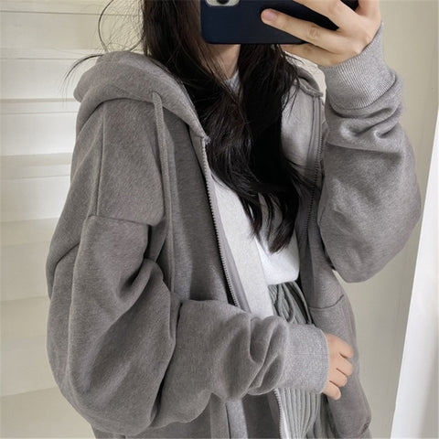 Sonicelife Early Autumn New border Autumn/Winter Zipper Hooded Sweater Women's Loose Cardigan Top Grey Plush Thickened Plush Solid Coat