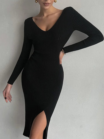 Sonicelife   Black Women Knitted Dress V Neck Elegant Bodycon Slit Autumn  Winter Dresses Long Sleeve Female Ribbed Knit Midi Dress