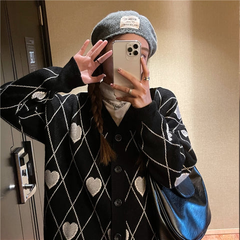 Black Friday Sonicelife Gothic Harajuku Aygyle Black Sweater Cardigan Women Punk Streetwear Heart Print Oversize Jumper Female Mall Goth Tops
