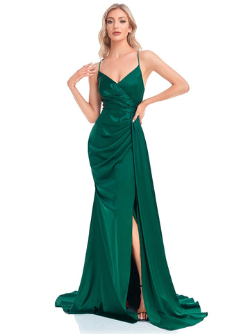 Navy Blue Women Party Maxi Dress Green Color Soft Satin V-Neck  Slit Evening Dress Ribbon Long Bridesmaid Dress