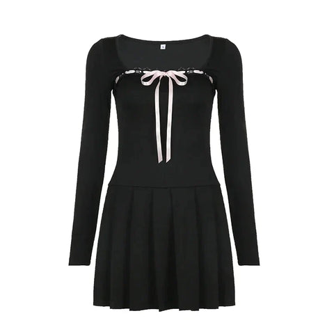 Sonicelife hoco dresses Womens Coquette Aesthetic Black Long Sleeve Mini Dress with Pink Bow