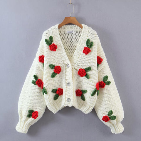 Sonicelife 2024 Women's Cardigans Multicolor Floral Knitted Decoration Long Sleeve Loose Coats Warm Sweaters 3 Colors
