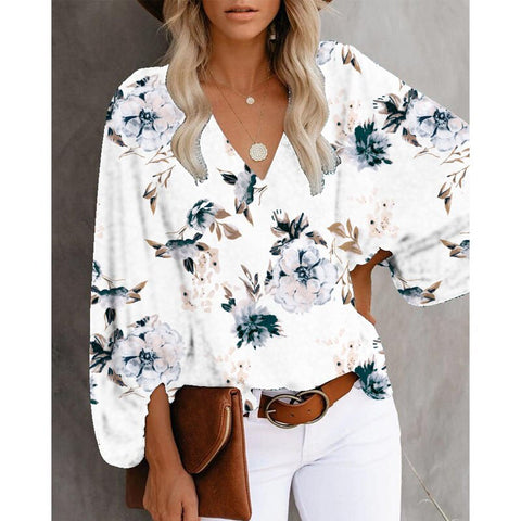 Sonicelife  2023 Women Floral Print Blouse V Neck Lantern Long Sleeve Brown Leopard Office Lady Casual Tops Sun Flower Loose Blouses