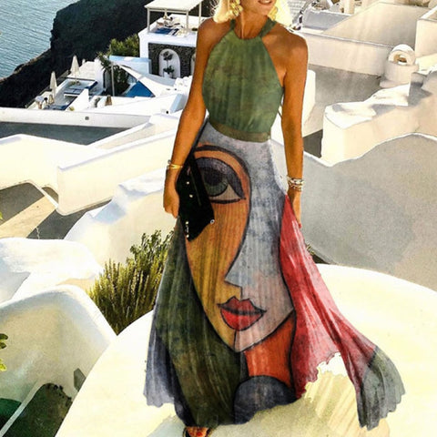 Sonicelife  Fashion  Halter Print Pleated Long Dress Women Sweet O Neck Beach Cover-Ups Robe Summer Sleeveless Casual Boho Maxi Sundress