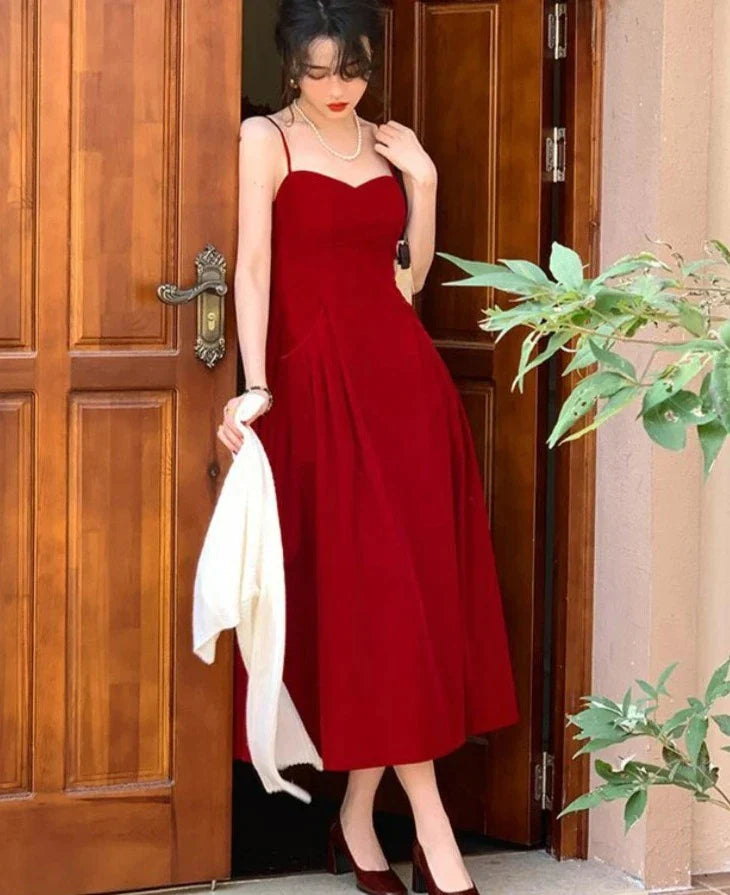 Sonicelife  Summer French Vintage Strap Dress Women Red Elegent Korean Party Midi Dress Female Sexy Backless Evening Beach Fairy Dress