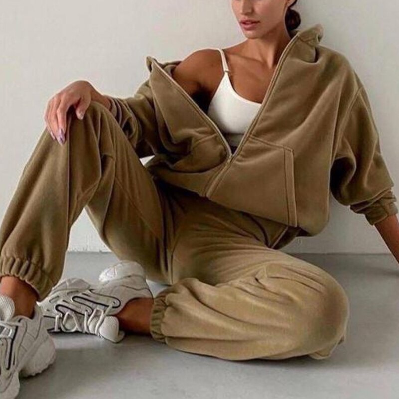 Sonicelife  Autumn Winter Solid Women's Fashion Sports Leisure Sweatshirt Two-Piece Set Casual Street Outfits Zipper Tops + Long Pants Suits