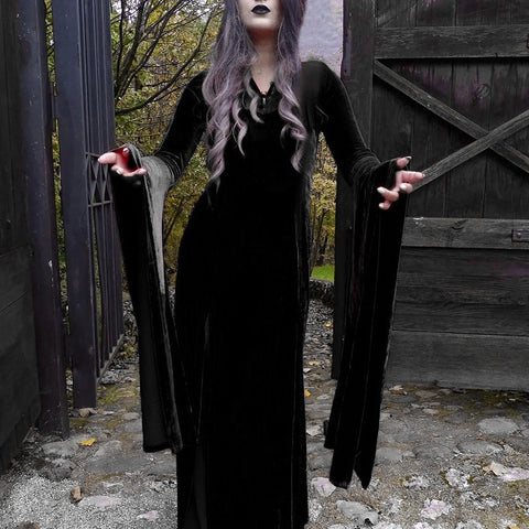 Sonicelife Halloween Party Long Dress Black High Waist Flared Sleeve Lace Cutout Gothic Maxi Dress Street Aesthetic Clubwear Maxi Dress