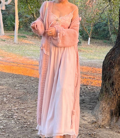 Sonicelife Floral Vintage Elegant Strap Dress Women Lace France Sexy Evening Party Long Dresses Pink Sweet Princess Fairy Dress Summer