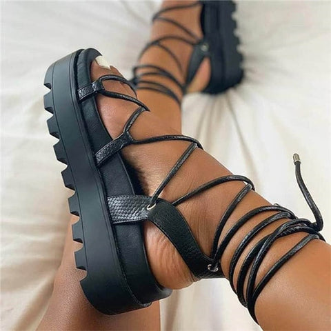 Sonicelife  Woman Gladiator Platform Sandal Ladies Ankle Wrap Wedge Female Fashion Lace Up Shoe Women Non Slip Women's Footwear Plus Size 43