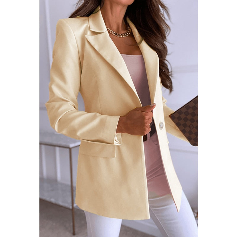 Sonicelife  Office Lady Blazer Coat Single Button Women Suits 2024 Notched Long Sleeves Khaki Jackets Solid Casual Pocket Blazers