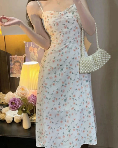 Sonicelife  Casual Vintage Victoria Dress Women Sexy Korean Party Floral Strap Dress Female Spring Sweet Elegant Princess Fairy Dress