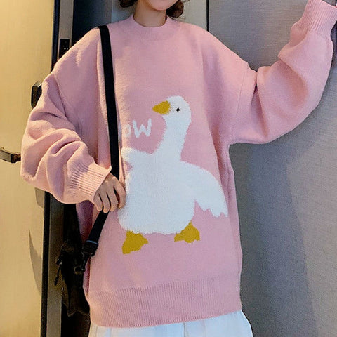 Sonicelife  Korean Style Kawaii Cartoon Goose Print Knitted Sweater Women Harajuku Oversize Crewneck Long Sleeve Jumper Pullover