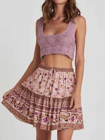 Pink Jasmine Florals Boho Skirt Summer Women Mini Skirts Casual Hippie Chic Beach Short Skirt faldas mujer moda 2023