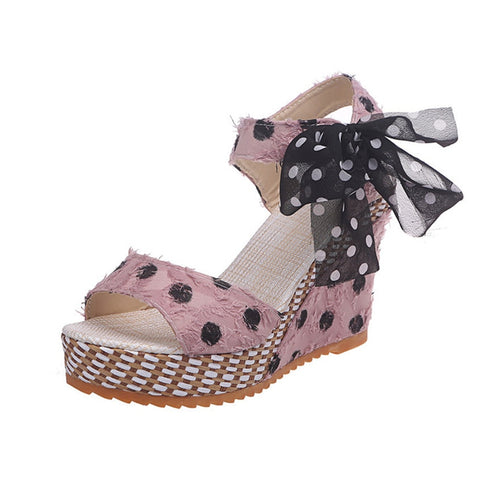 Sonicelife  Women Sandals Dot Bowknot Design Platform Wedge Female Casual High Increas Shoes Ladies Fashion Ankle Strap Open Toe Sandals