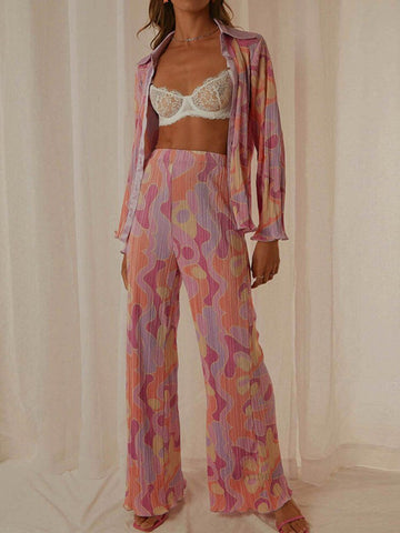 Sonicelife  Spring Summer Women Shirt Suits New Cute Fashion High Street Flower Print Long Sleeve Lapel Cardigan + Long Pants Two Piece Set