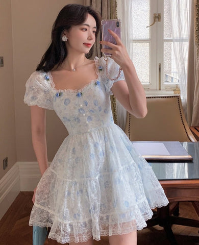 Sonicelife hoco dresses   Floral Lace Korean Sweet Dress Women France Vintage Elegant Party Mini Dresses Female Print Casual Beach Boho Fairy Dress Summer
