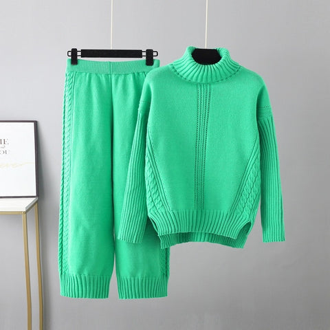 Sonicelife 2024 Early Autumn New Fall Outfits Cashmere Womens Tracksuits  Knitted  Thick Women Turtleneck Sweater 2/Two Piece Sets Drawstring Harem Pant Suits Outfits