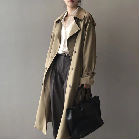 Sonicelife 2024 Autumn New Fall Outfits Classic Khaki Long Trench Coats Women Oversize Korean Fashion Belt Windbreaker Fall Spring Overcoat Double Breasted