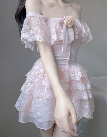 Sonicelife hoco dresses Kawaii Aesthetic Soft Girl Style Baby Pink Off Shoulder Lace Mini Dress